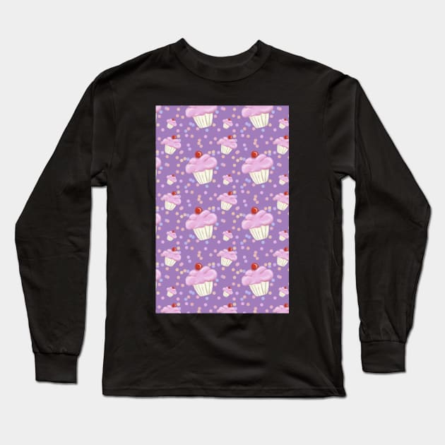 Purple Cupcake pattern Long Sleeve T-Shirt by InspiraImage